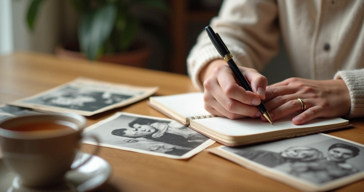 Person journaling with family photos and tea nearby 