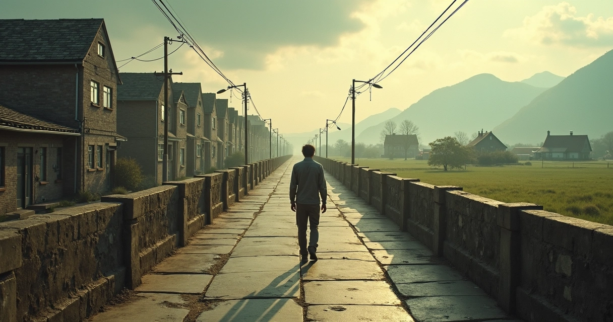 Adult on bridge between old monochrome city and colorful healed landscape 