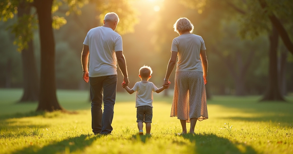 Three generations holding hands at a sunny park, supportive and hopeful