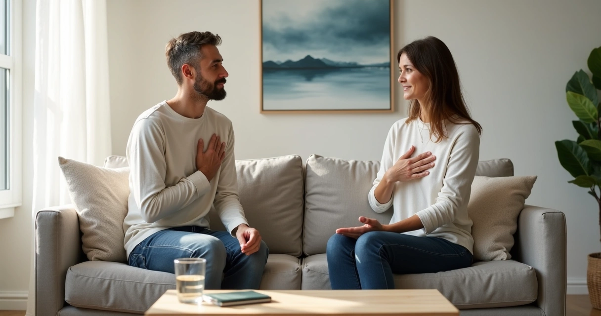Two people facing each other on a sofa with soft light, creating a calm moment of reconciliation 