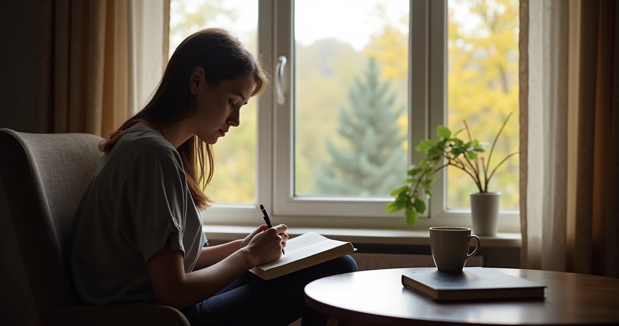 Person journaling while looking out the window