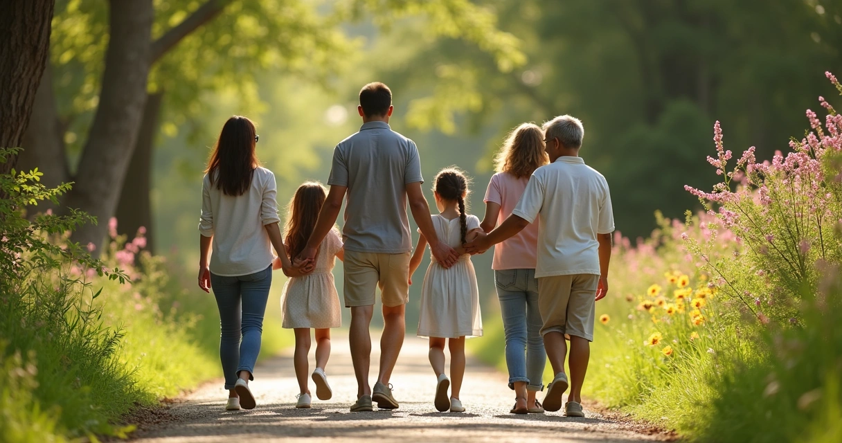 A diverse group of people walking together on a garden path with sunlight and nature. 