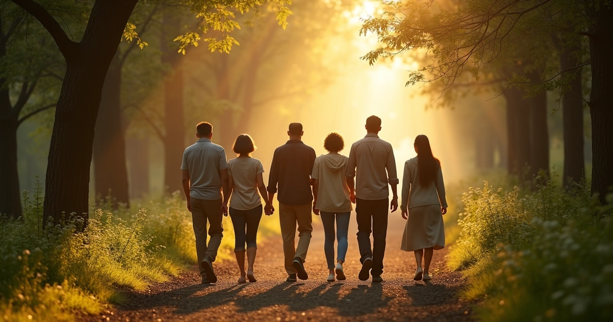Community members walking together through a sunlit forest path 