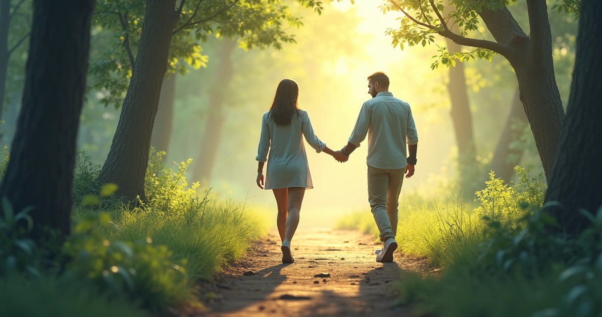 Two people walking along a winding path, passing through both light and shadow 