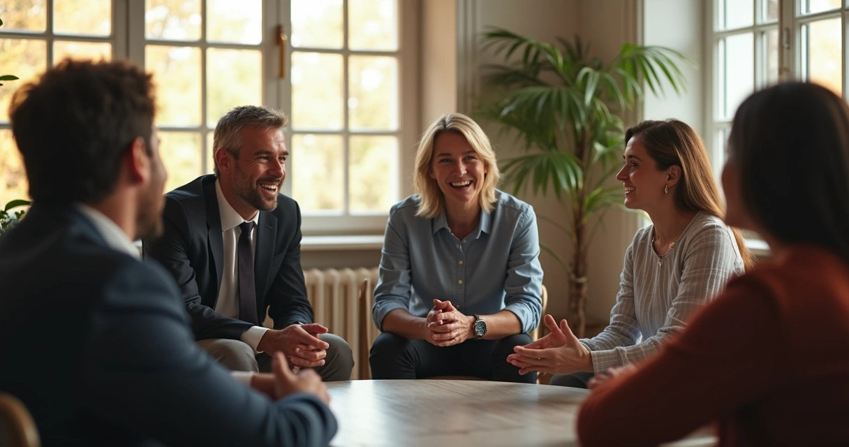 Team meeting in a bright room, people sharing, some showing supportive gestures, sense of unity 