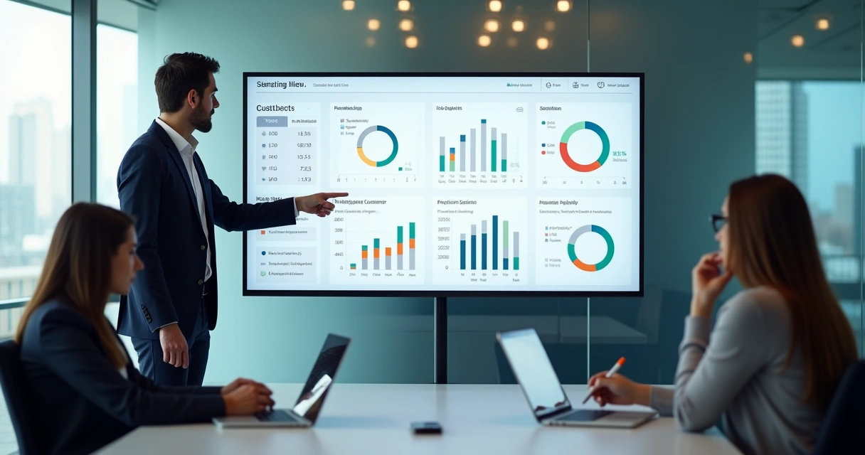 Gestor observa painel de health score de clientes em tela grande de computador 