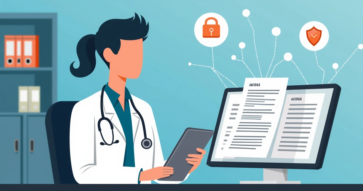 Doctor using a tablet for HIPAA-compliant digital document.