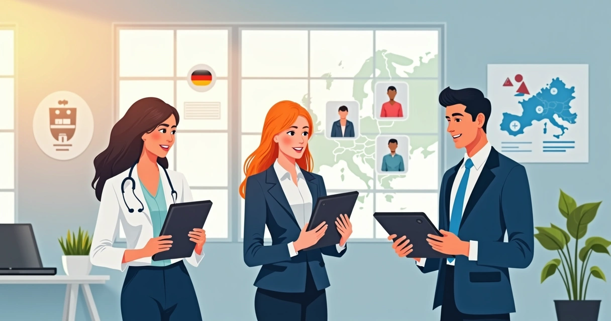 Healthcare recruiters reviewing documents with international candidates 