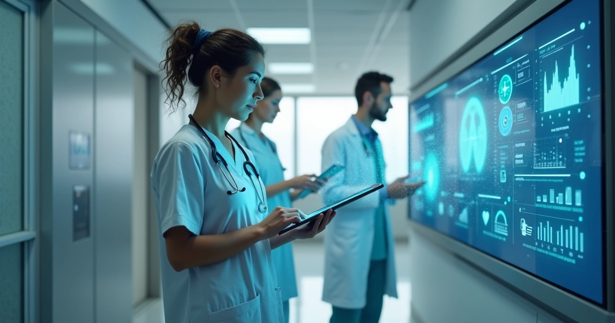 Profissional de saúde usando tablet com interface digital em ambiente hospitalar moderno 
