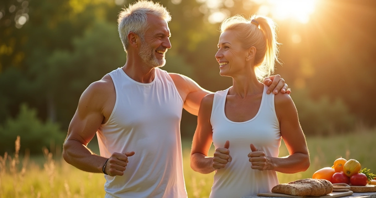 Adults over 40 exercising and preparing healthy food together 