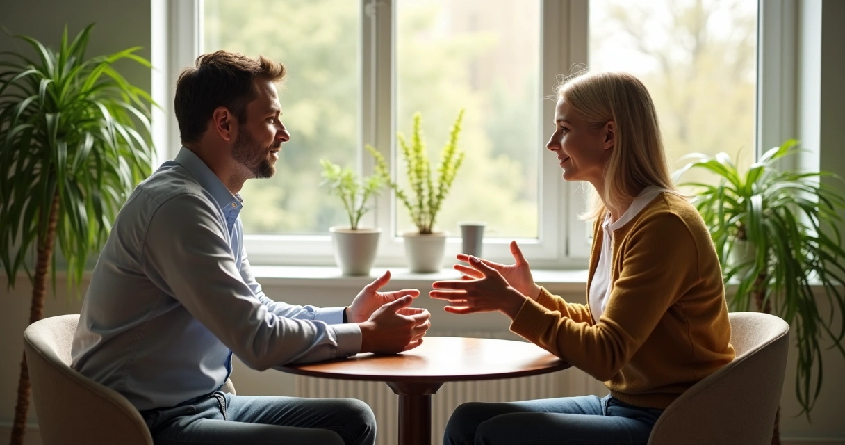 Two people sitting across from each other, speaking calmly, a relaxed setting with natural light and plants 