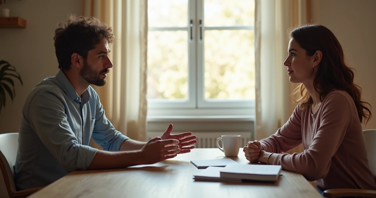Two people sitting at a table having a serious conversation. 