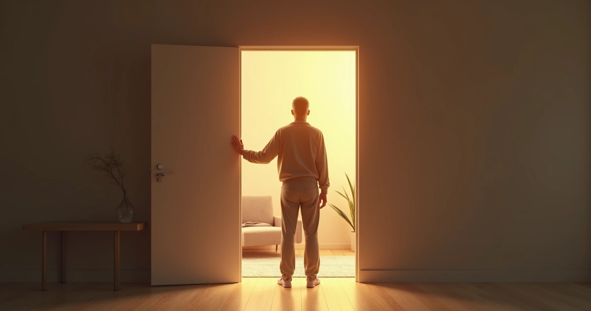 Person calmly holding a half-open glowing door in a quiet room 