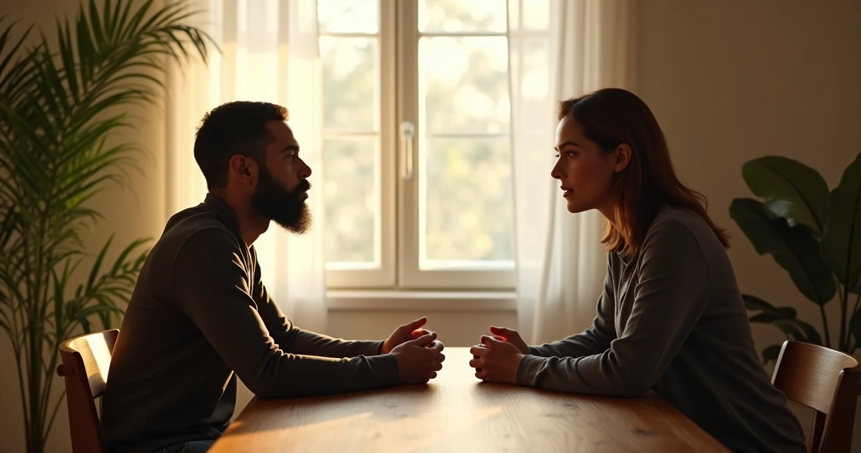 Two people having a thoughtful conversation with calm expressions, sitting across a table, sunlight coming through a window, plants and neutral colors in the background. 