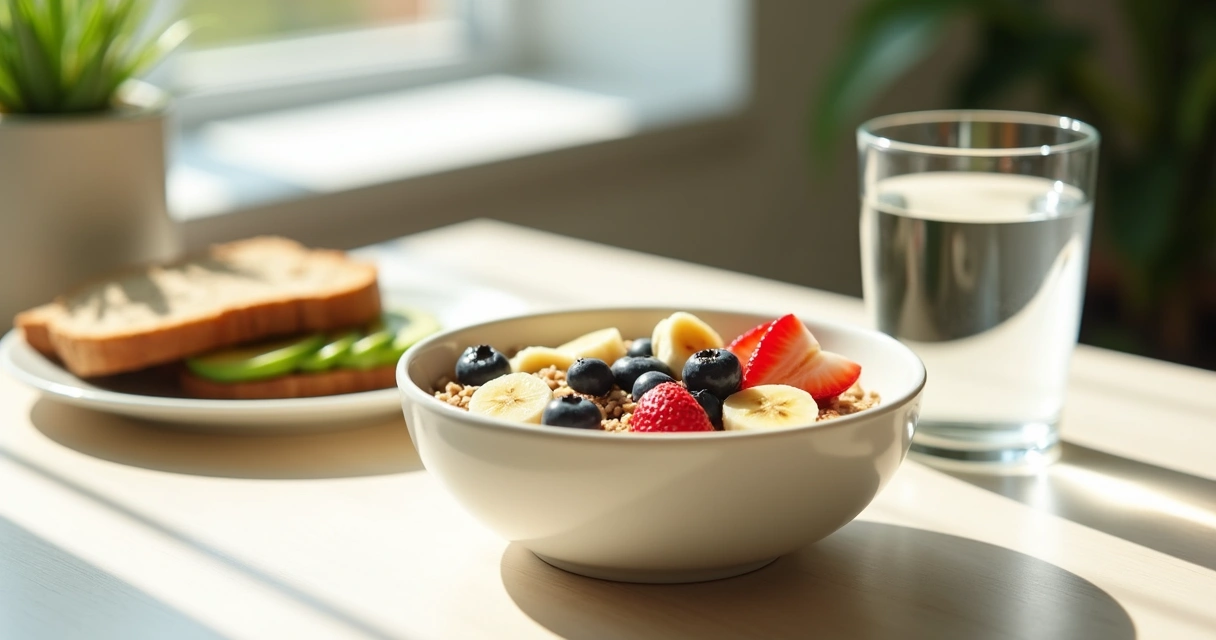 Oatmeal with bananas and berries next to a glass of water on a light kitchen table 