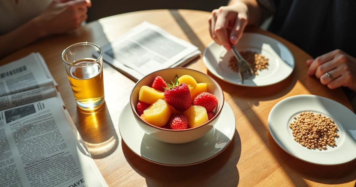Café da manhã saudável com frutas frescas e água em uma mesa iluminada pela manhã 
