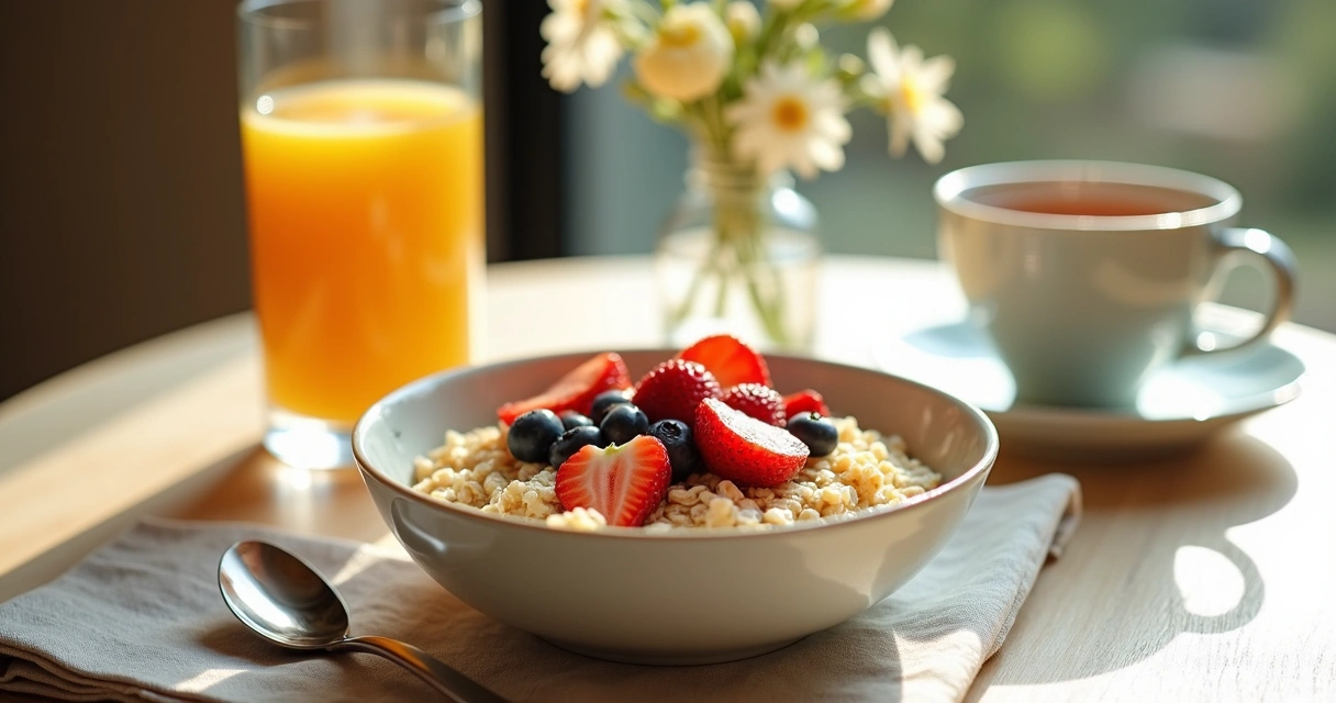 Healthy breakfast with fruit and oats 