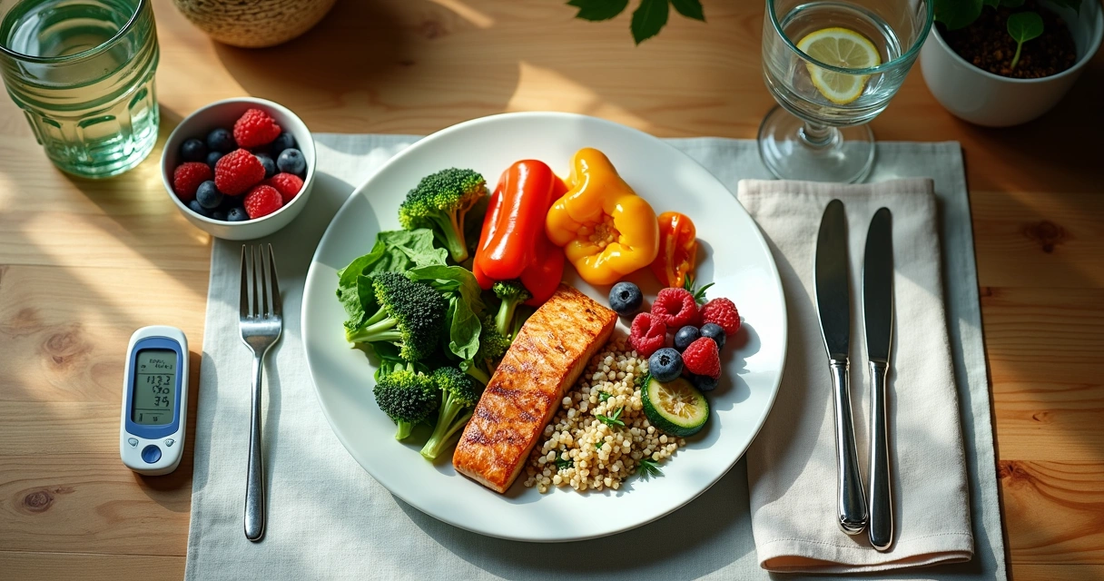 Colorful balanced meal for type 2 diabetes on a wooden table, seen from above 