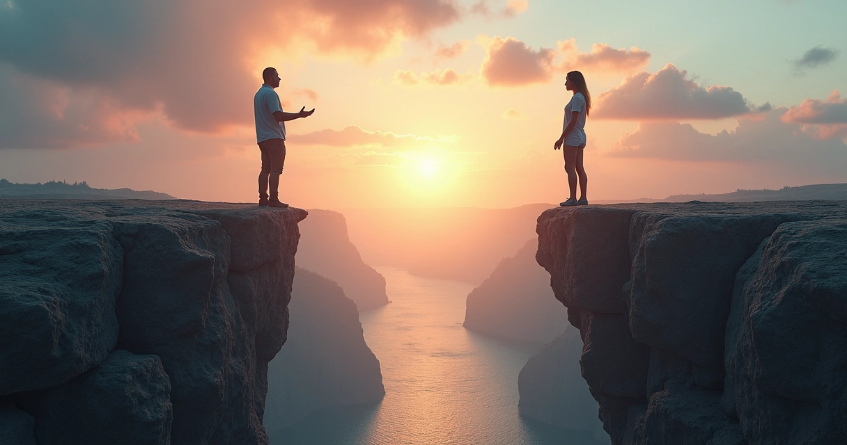 Two people facing each other on separate cliffs connected by a glowing bridge 