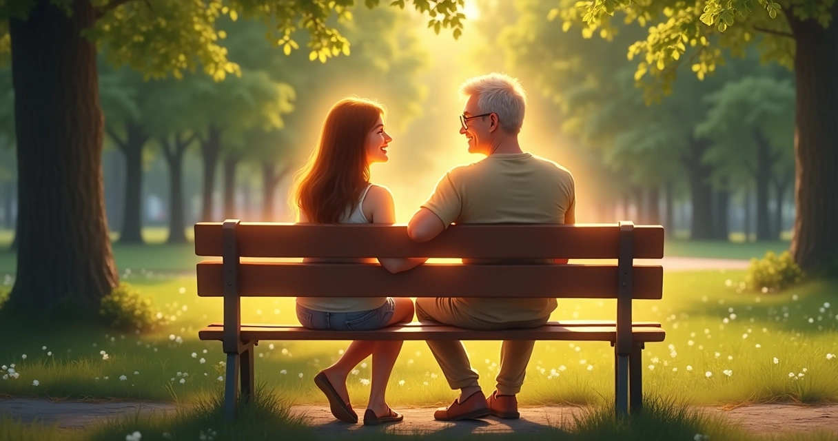 Two people sitting on a park bench, with visible glowing lines around each, symbolizing personal boundaries 