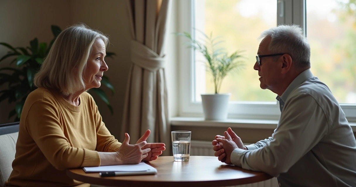 Two family members talking calmly across a table 