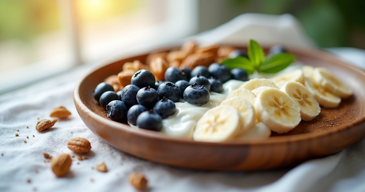 Plate with yogurt, berries, bananas and nuts
