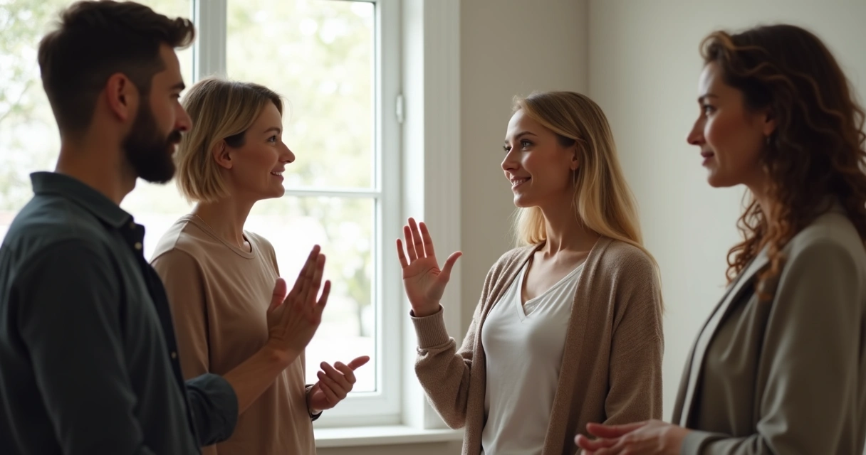 Hands marking personal space in a respectful group setting 