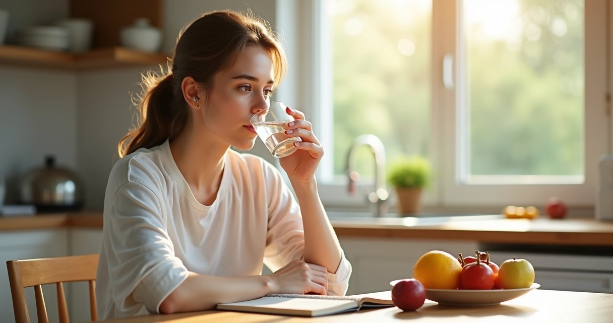 Woman drinking a glass of water at a kitchen table