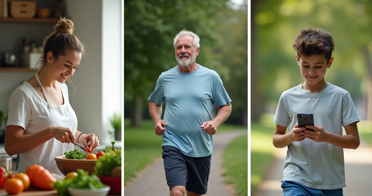 Collage of people cooking healthy meals, walking outdoors, and using smartphone apps 