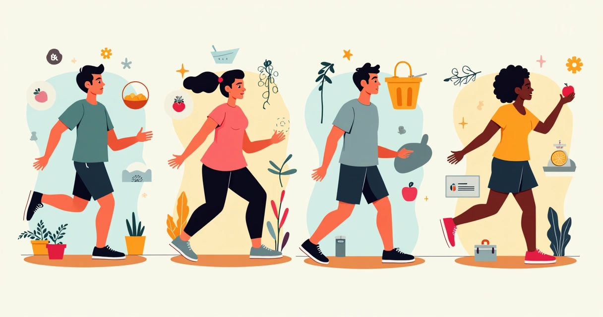 Collection of health symbols for exercise, food, sleep and mood
