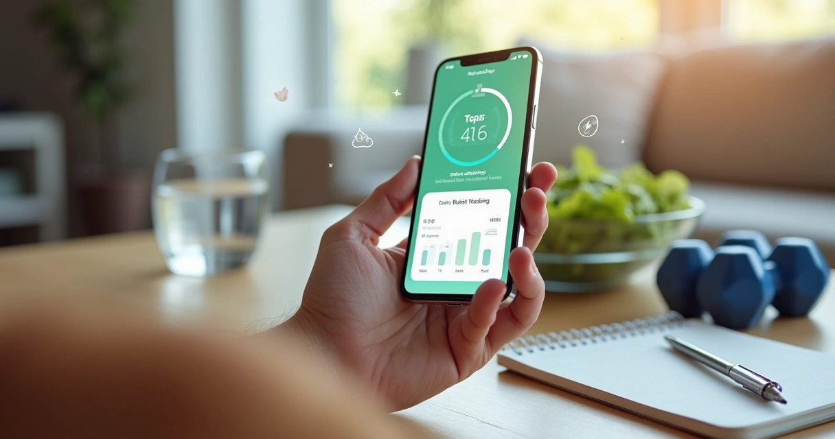 Healthy lifestyle tracking with app, featuring food, water, and activity icons. 