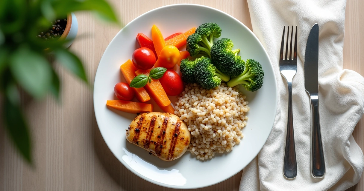 Balanced plate with vegetables, lean protein, and whole grains 