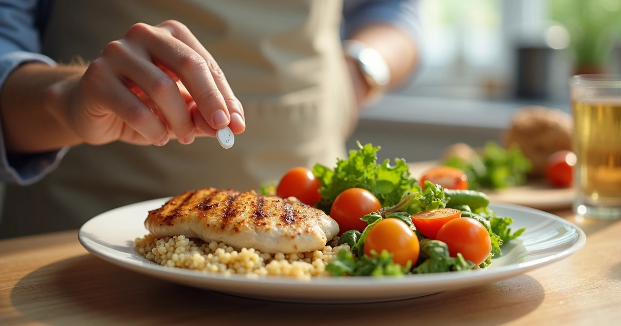 Healthy balanced meal on table with GLP-1 medication user