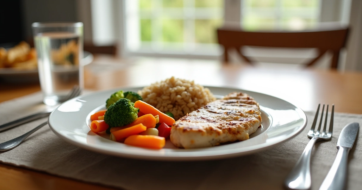 Colorful healthy meal with vegetables, proteins, and grains on a plate 