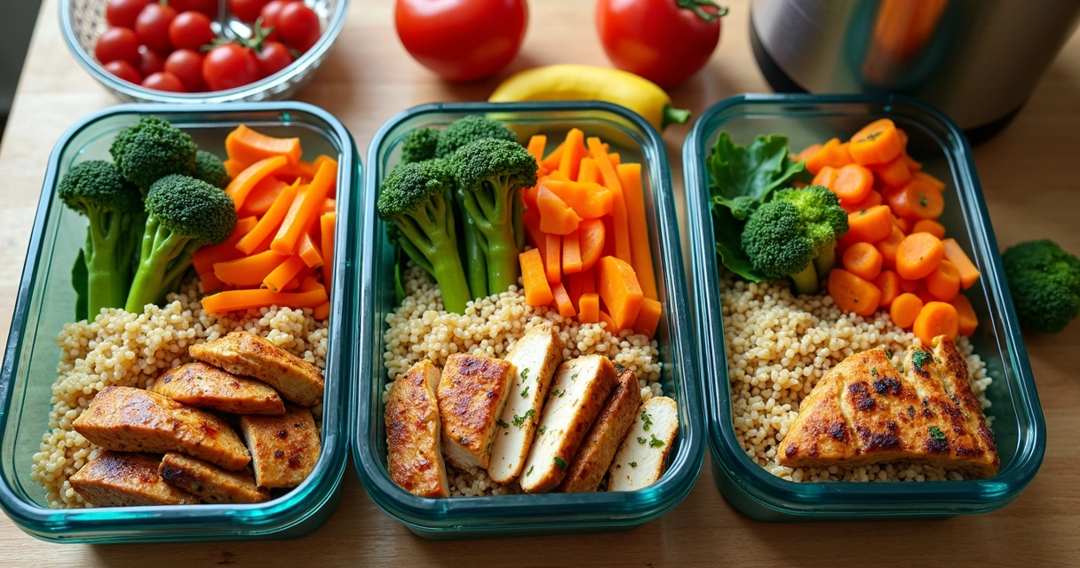 Meal prep with vegetables, whole grains, and lean proteins in containers 