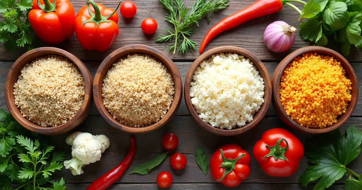 Colorful rice alternatives on a wooden table 