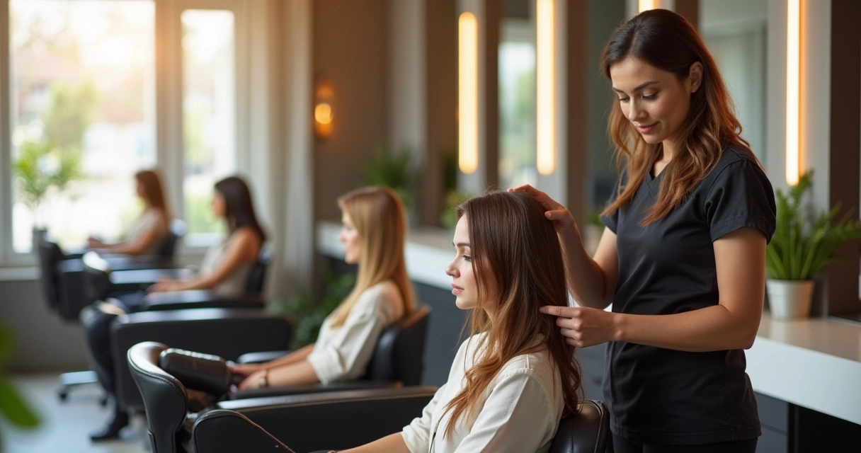 Professional examining scalp and hair roots in salon