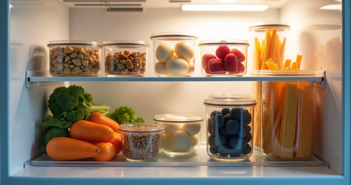 Pre-prepared containers with healthy snacks inside a refrigerator 
