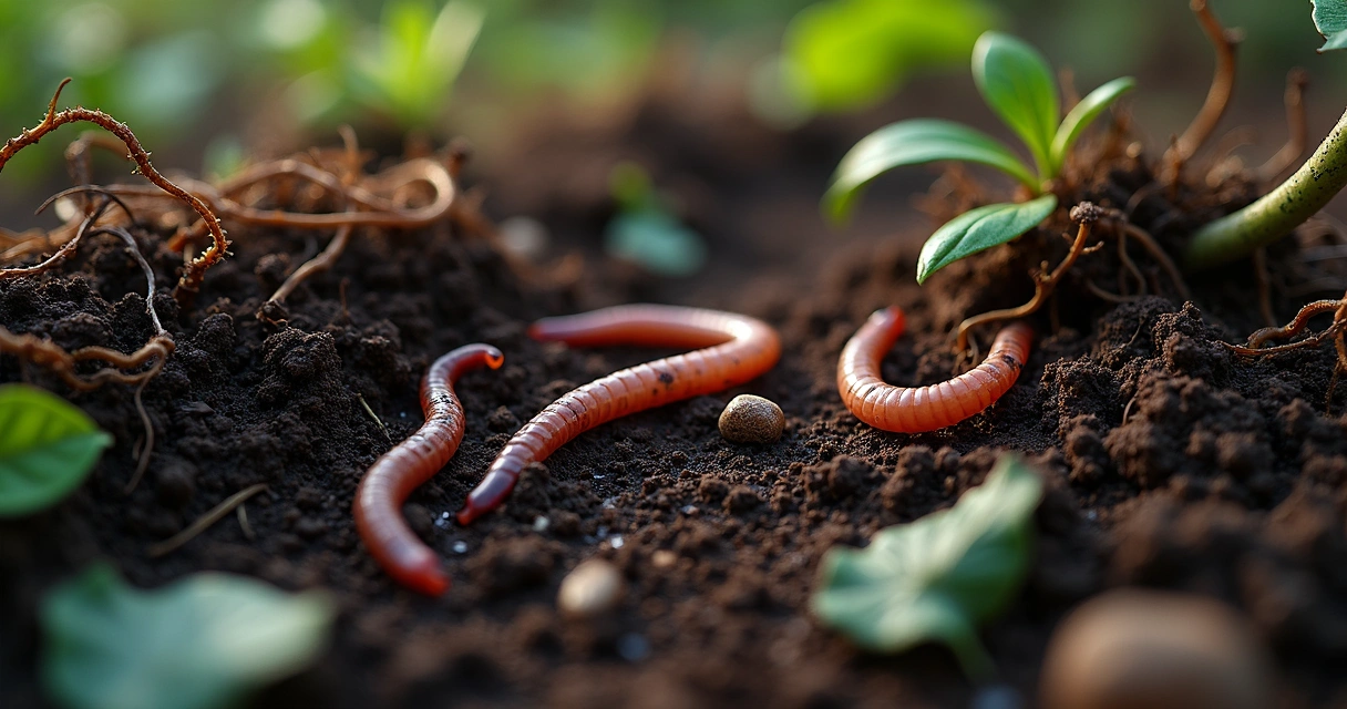 Closeup of rich soil with earthworms and roots 