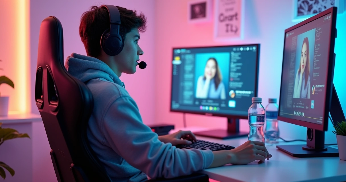 Streamer with water bottle, clean desk, and relaxed pose 