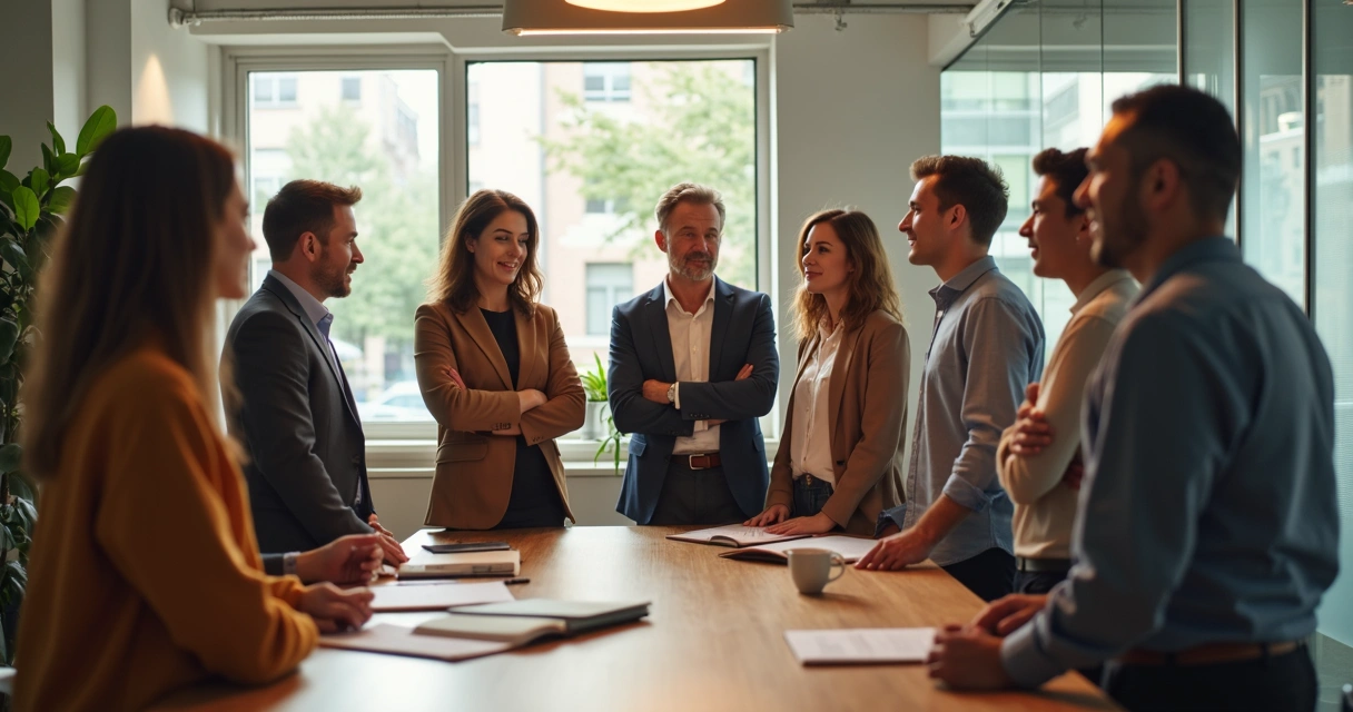 Colleagues standing in a circle sharing ideas in a calm office setting