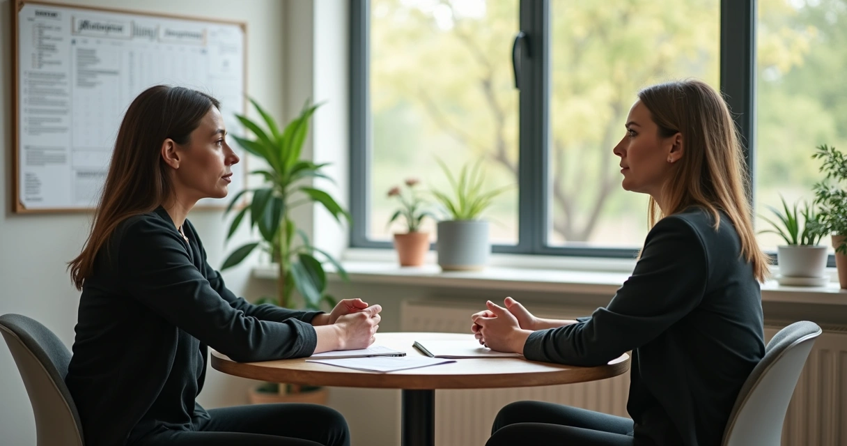Professional setting with two coworkers having a calm boundary-setting conversation 