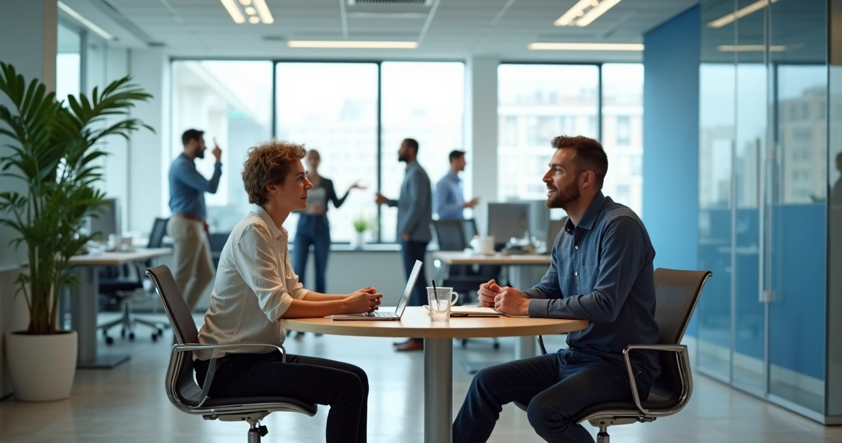 Two colleagues in a meeting room having a calm, structured conversation while a tense group argues in the background 