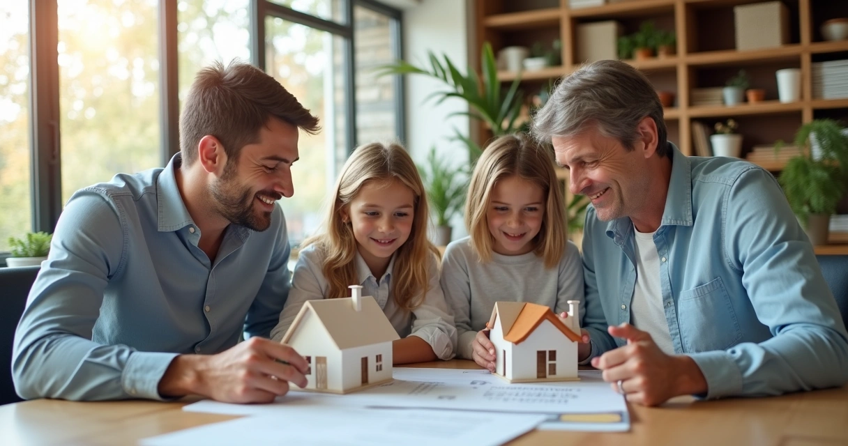 Mortgage advisor with young family and house model in office 