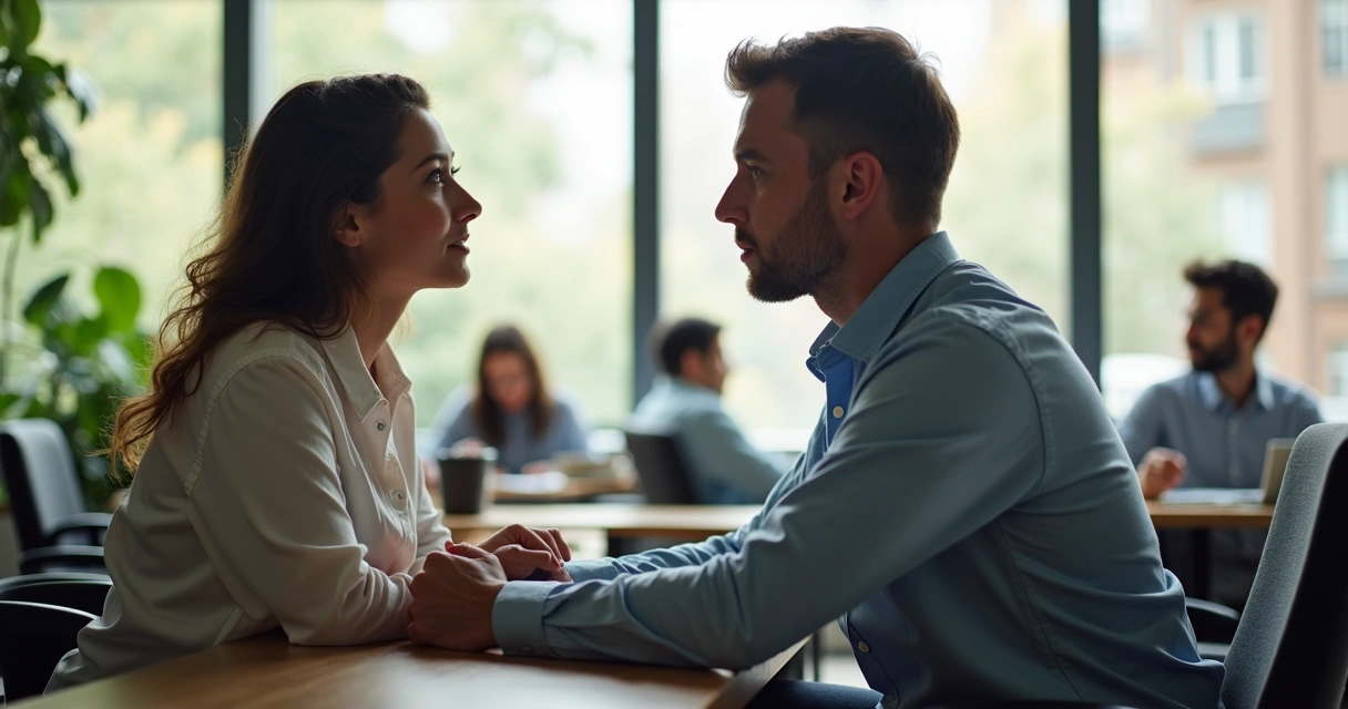 Two colleagues sharing a heartfelt moment during a conversation 