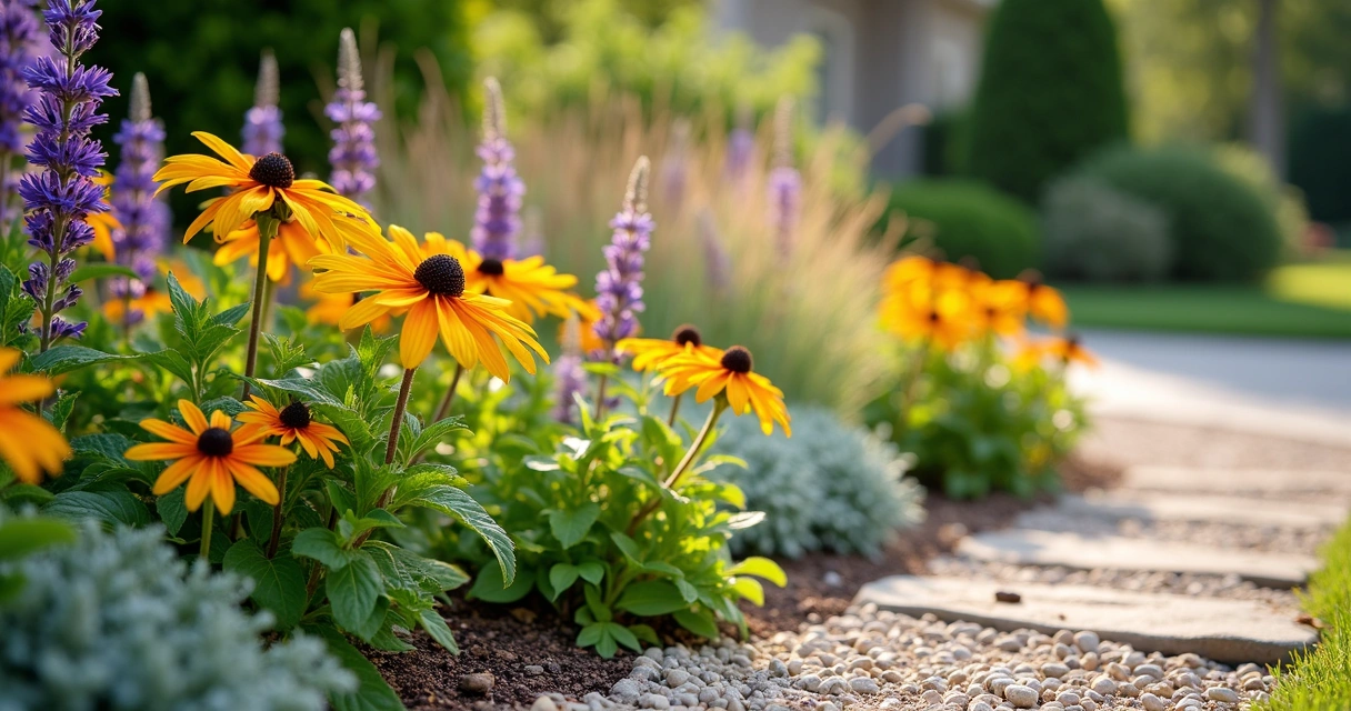 Garden bed of heat-resistant flowering plants and gravel mulch 