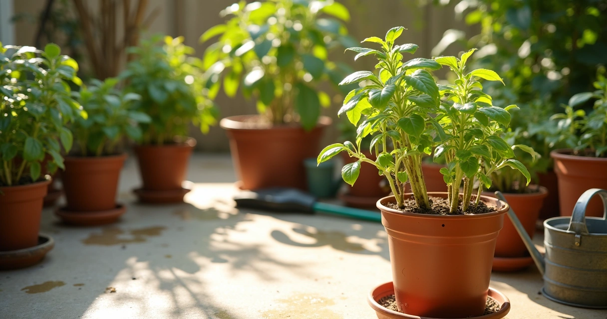Potted patio plants showing heat stress and recovery 
