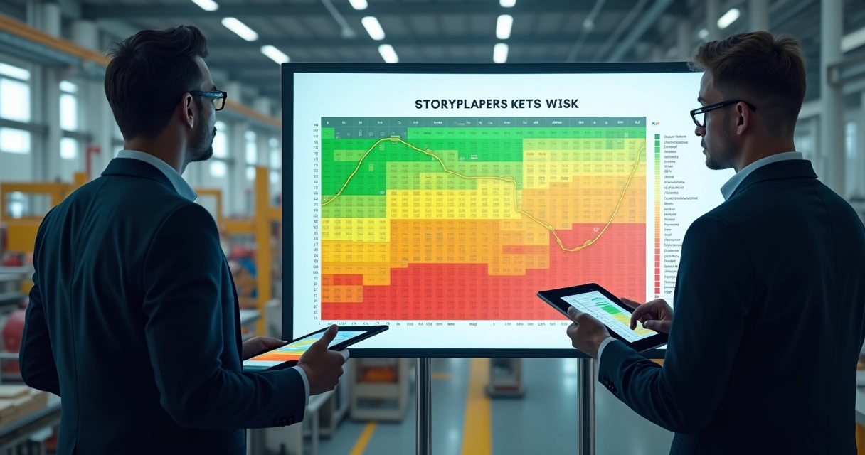 Heatmap de riscos de projetos industriais com cores variando do verde ao vermelho 