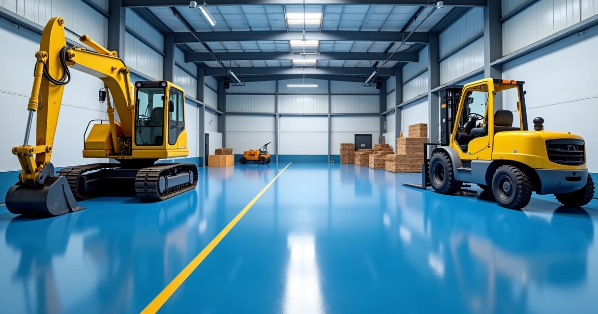 Industrial garage with heavy machinery on blue epoxy floor 