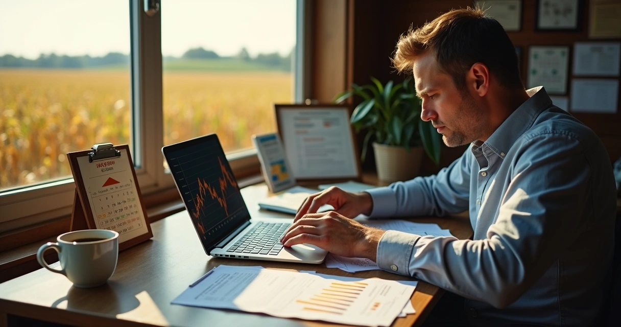 Produtor rural analisando gráficos de preços de commodities agrícolas 